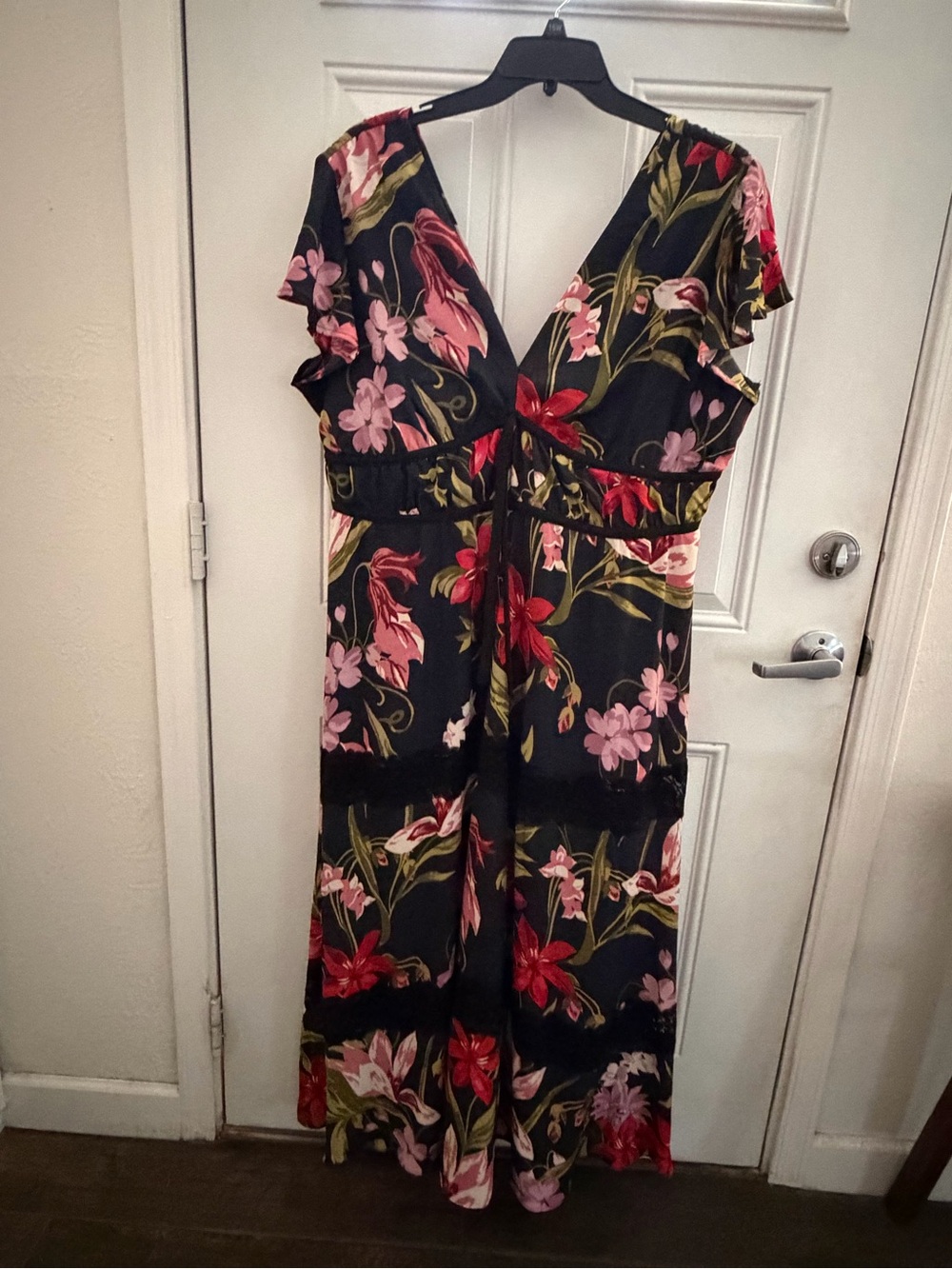 VENUS Black Floral Maxi Dress with Pink & Red Blooms